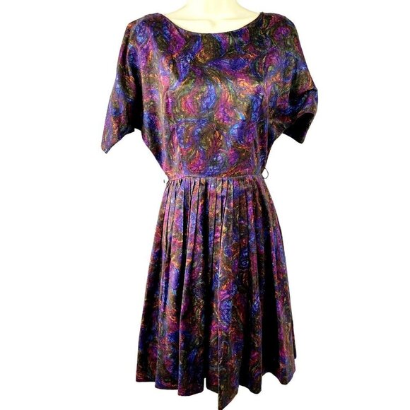 50s Alice Junior Day Dress Boat Neck Raglan Slv Full Pleat Skirt Women S Purple - Picture 3 of 9